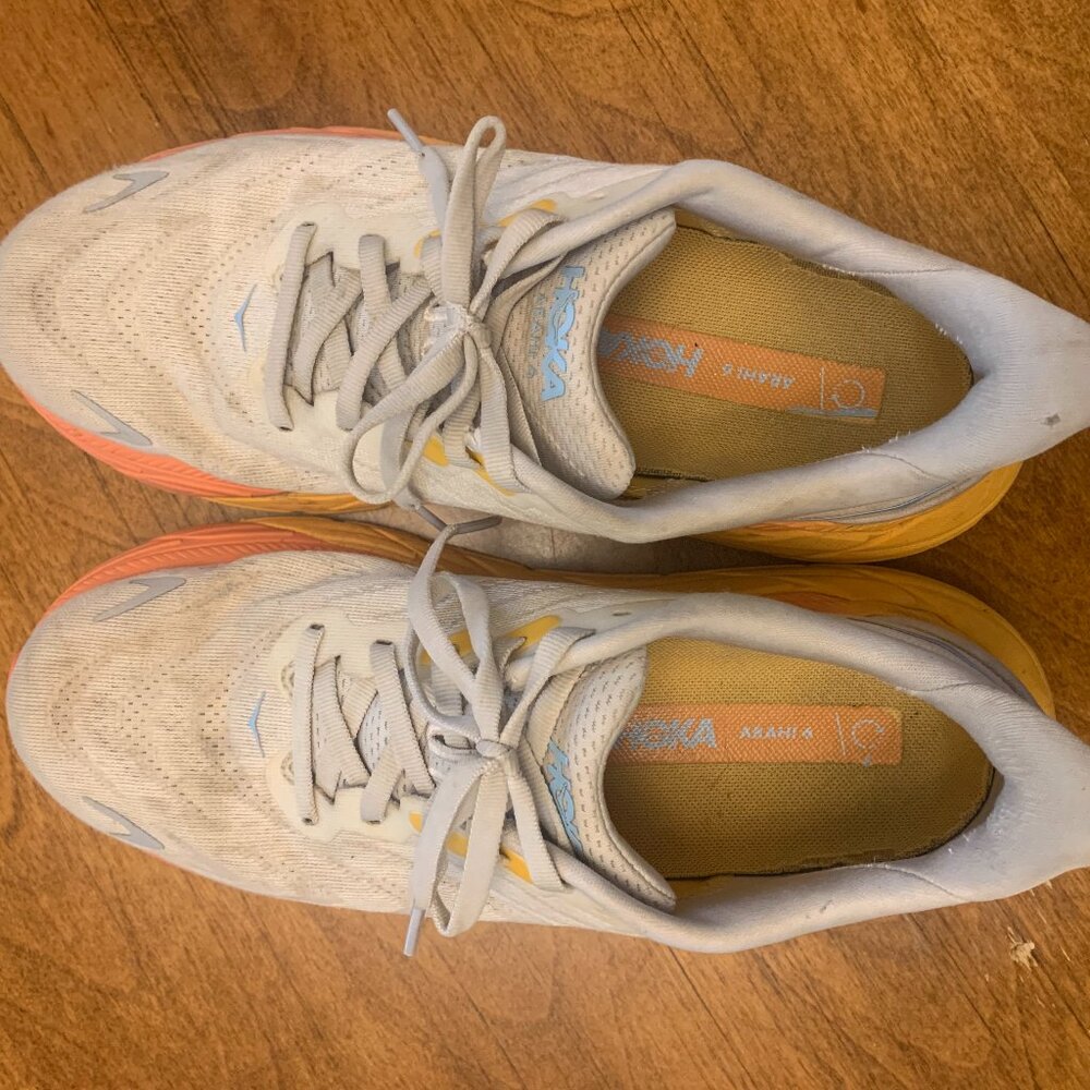 Hoka Women's White Running Shoes with Yellow & Coral Accents